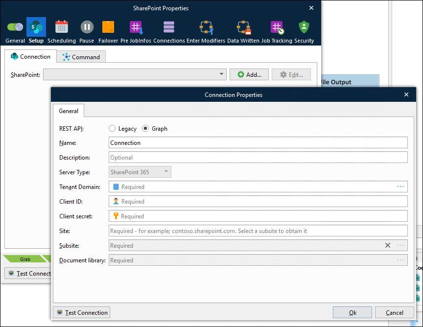 A Connection Properties window for a SharePoint output module.